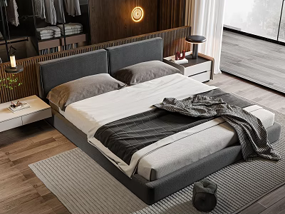 Modern Double Bed With Gray Headboard White Gray Bedding Blanket Table Lamp Wooden Wall Window 3d model