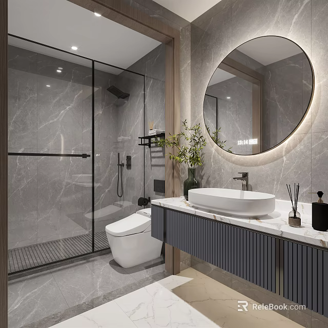 Modern Bathroom Interior With Gray Marble Walls Round Mirror White Sink And Glass Shower 3d model 