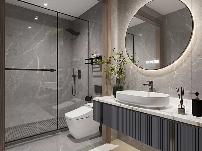 Modern Bathroom Interior With Gray Marble Walls Round Mirror White Sink And Glass Shower 3d model