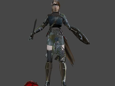Armored Fantasy Warrior Woman Holding Sword And Shield With Red Object At Her Feet 3d model