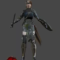 Armored Fantasy Warrior Woman Holding Sword And Shield With Red Object At Her Feet