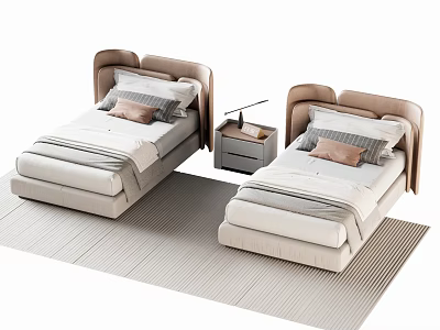 Modern Single Beds with Upholstered Headboard Nightstand Lamp Cozy Bedding on Striped Rug 3d model