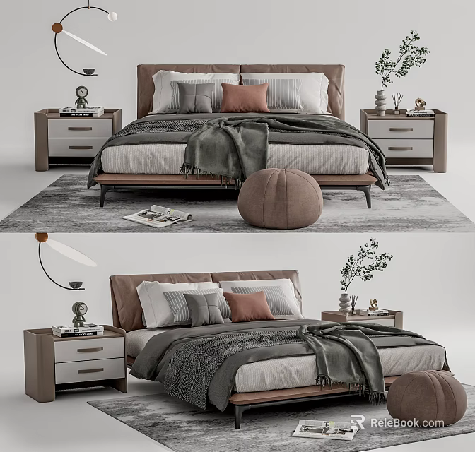 Modern Double Bed Interior With Nightstands Pillows And Cozy Blanket 3d model 