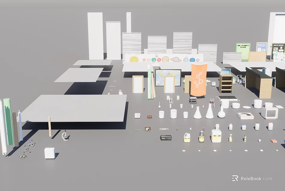 School Science Laboratory Setup With Lab Tables Scientific Equipment Beakers And Cabinets 3d model 