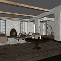 Cozy Living Dining Room Interior With Wooden Beams Fireplace Sofa And Dining Table Set