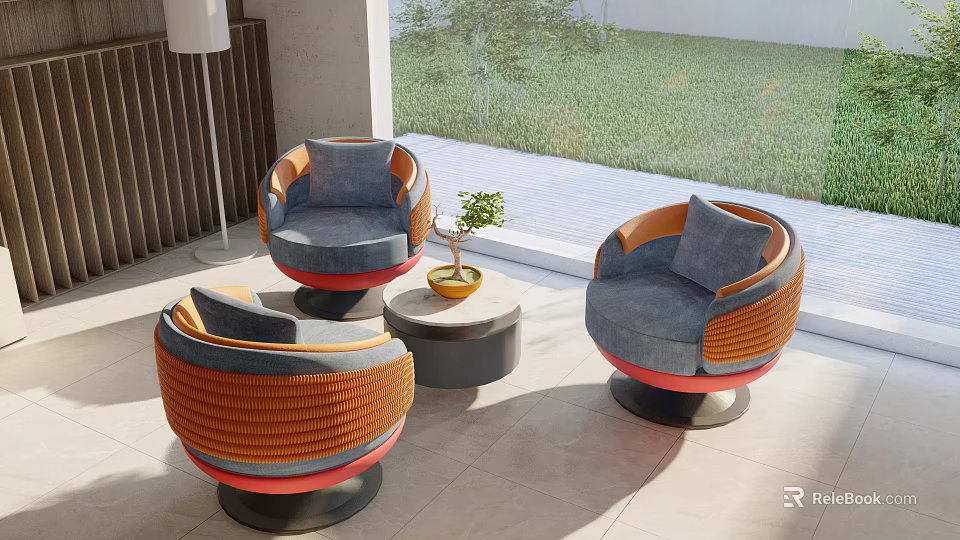 Modern Table and Chair Set with Orange Gray Upholstered Chairs and Round Coffee Table 3d model 
