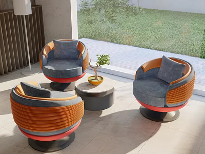 Modern Table and Chair Set with Orange Gray Upholstered Chairs and Round Coffee Table 3d model