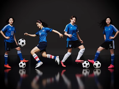 Women Soccer Players In Blue Uniforms Kicking And Controlling Soccer Balls 3d model