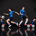 Women Soccer Players In Blue Uniforms Kicking And Controlling Soccer Balls