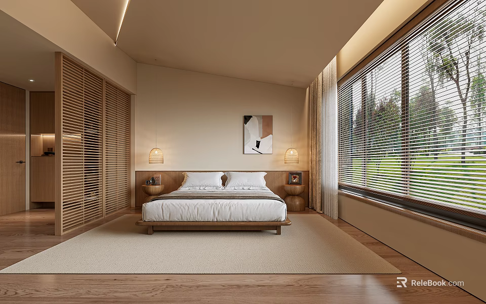 Modern Hotel Guest Room With King Bed Wooden Elements And Floor to Ceiling Windows 3d model 