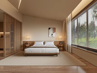 Modern Hotel Guest Room With King Bed Wooden Elements And Floor to Ceiling Windows 3d model