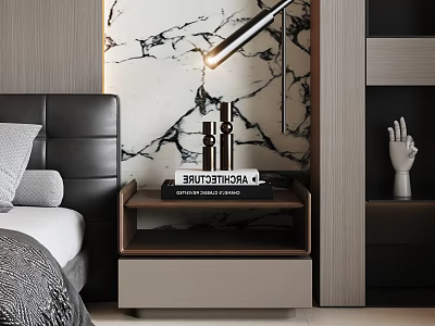 Modern Wooden Beige Bedside Table With Table Lamp Books Sculpture Hand Model And Marble Backdrop 3d model