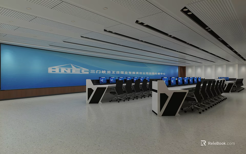 Modern Control Room Interior With Large Display Screens Control Desks And Office Chairs 3d model 