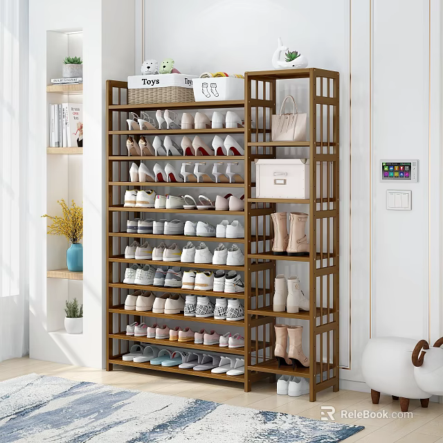 Multi Tiered Wooden Shoe Rack Organizes Various Shoes 3d model 