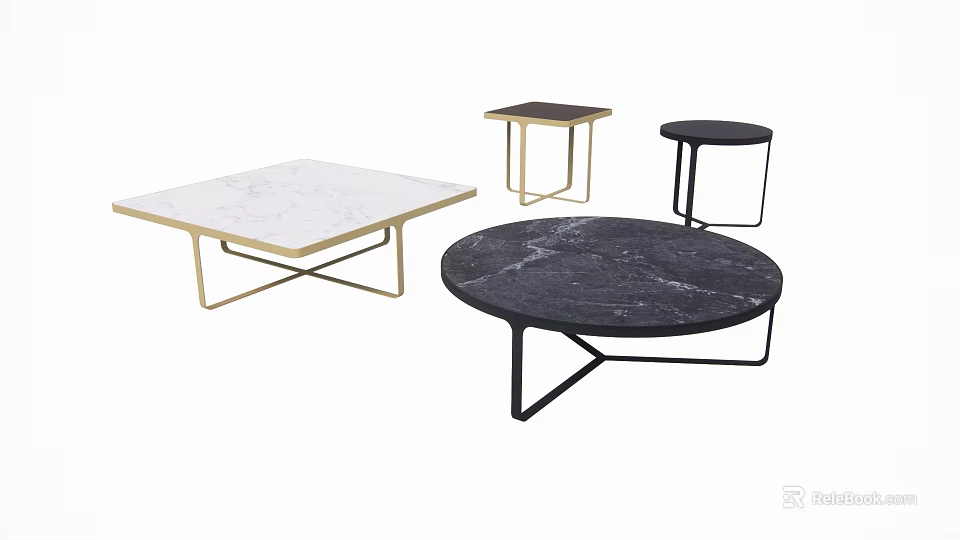 Modern Coffee Table Set With Round Square Marble Tops And Gold Black Metal Frames 3d model