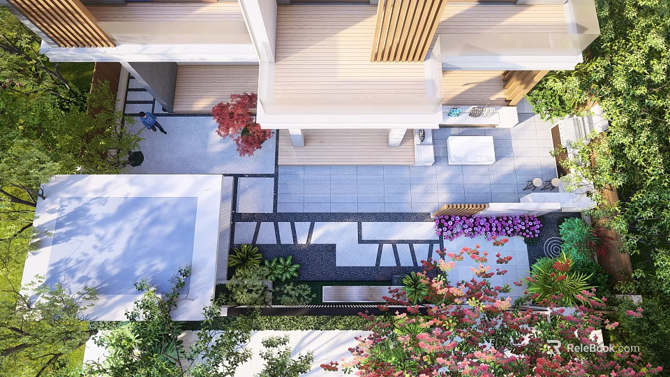 Beautiful Garden Design With Lush Greenery Stone Pathway And Outdoor Seating Area 3d model 