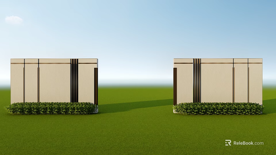 Modern Symmetric Landscape Wall With Decorative Vertical Lines And Green Lawn Background 3d model