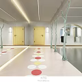 Modern Open Public Office Space With Colorful Circular Floor Mats And Green Decorative Elements