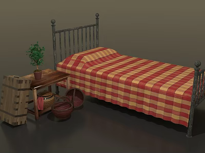 Vintage Iron Bed With Red Yellow Checkered Bedspread Nightstand Potted Plant And Wicker Baskets 3d model