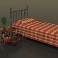 Vintage Iron Bed With Red Yellow Checkered Bedspread Nightstand Potted Plant And Wicker Baskets