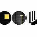 Three Abstract Geometric Artworks With Black White Patterns And Yellow Accents
