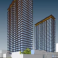 Two Modern High Rise Apartment Towers With Illuminated Windows And Green Surroundings