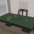 Green Surface Entertainment Table With Billiard Balls Cues Side Rack Near Window And Wooden Floor