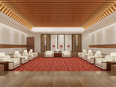 Hotel Public Lounge With Wooden Ceiling Red Carpet White Sofas And Wall Lamps 3d model