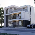 Modern Detached Villa Exterior Two Story Large Glass Windows Balcony With Trees Car Parked
