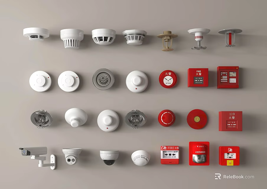 Public Facility Safety Equipment Including Smoke Detectors Fire Alarms And Security Cameras 3d model 