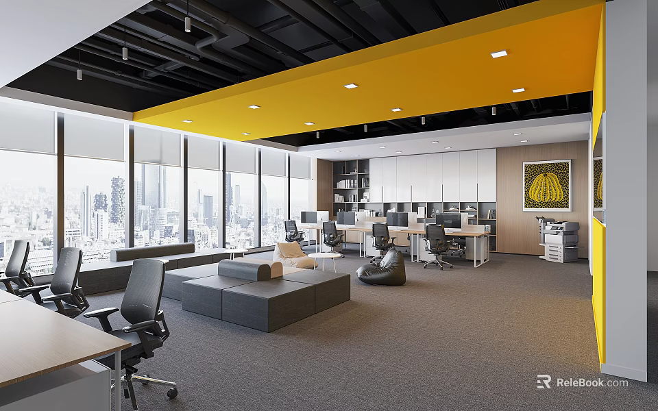 Modern Public Office Space Interior Design With Yellow Ceiling Large Windows And City View 3d model