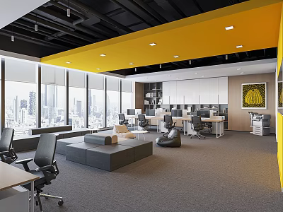 Modern Public Office Space Interior Design With Yellow Ceiling Large Windows And City View 3d model