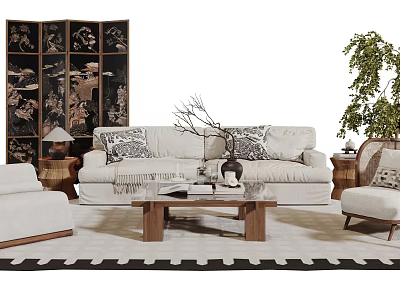 Modern Oriental Sofa and Wooden Coffee Table Set with Cushions Decorative Screen and Green Plant 3d model