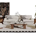 Modern Oriental Sofa and Wooden Coffee Table Set with Cushions Decorative Screen and Green Plant