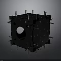 Black Cubic Mechanical Component With Metal Bolts And Circular Hole