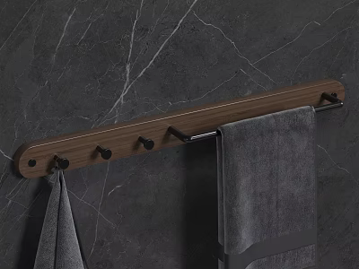 Stylish Modern Wooden Bathroom Rack With Towel Hooks On Marble Wall 3d model