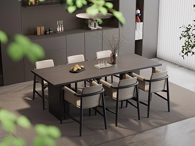 Modern Dining Table Set With Six Grey Chairs And Grey Cabinets In Natural Light 3d model