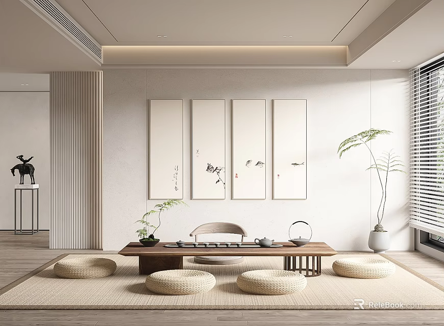 Japanese Style Tea Room With Low Wooden Table Floor Cushions And Ink Painting Scrolls 3d model 