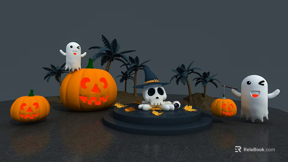 Halloween Themed Decor With Jack O Lanterns Ghosts Skeleton And Palm Trees 3d model