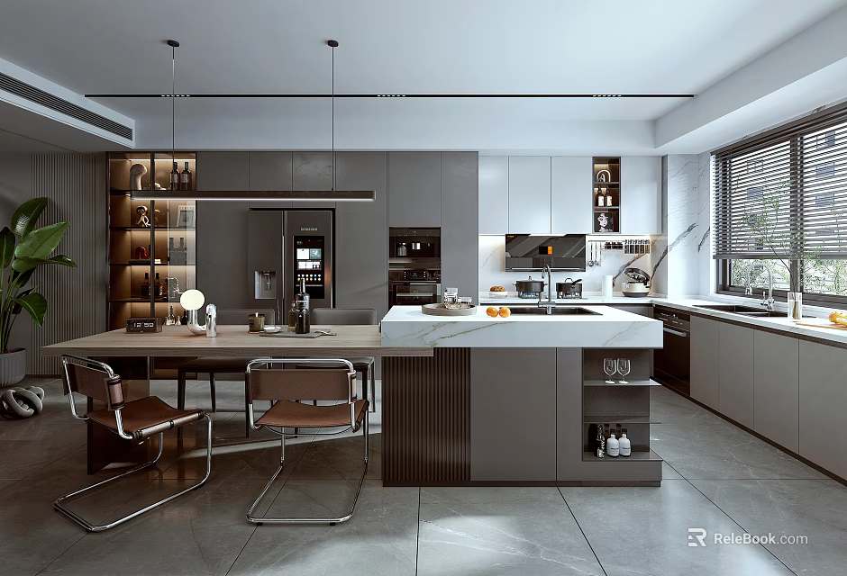 Modern Open Kitchen Interior With Marble Island Counter Cabinets And Pendant Lights 3d model 