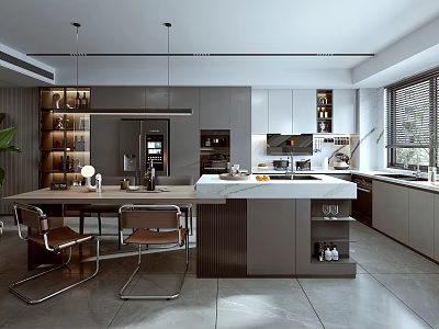 Modern Open Kitchen Interior With Marble Island Counter Cabinets And Pendant Lights 3d model