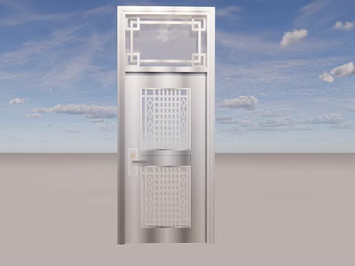 Silver Stainless Steel Security Door With Grid Pattern And Round Handle In Modern Design 3d model