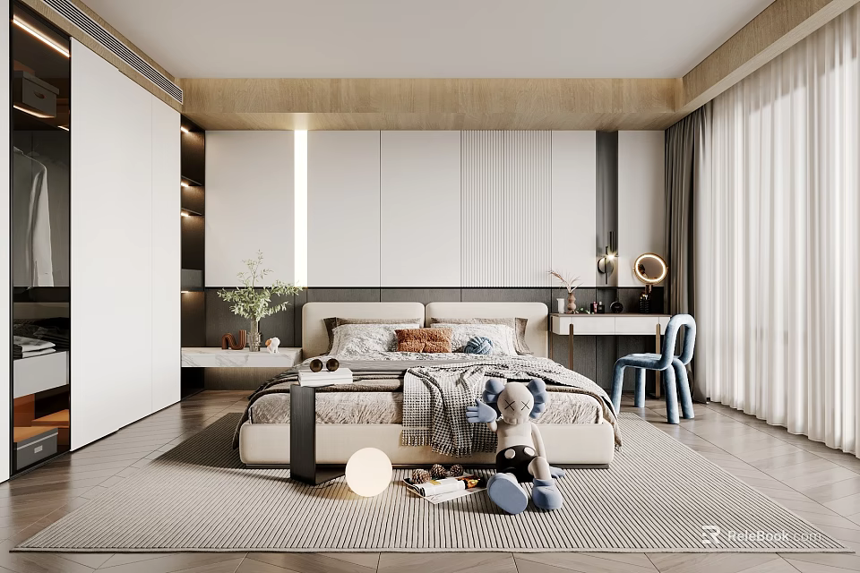 Modern Luxury Bedroom Interior Design With Bed Stylish Rug And Decorative Elements 3d model 