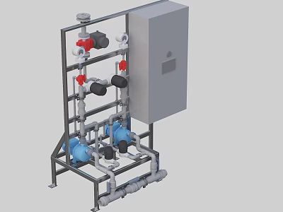 Industrial Equipment with Metal Frame Pipes Valves Pumps and Control Cabinet 3d model