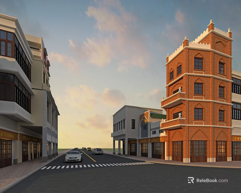 Commercial Street With Red Brick Tower Style Buildings And Cars On Road Under Cloudy Sky 3d model 