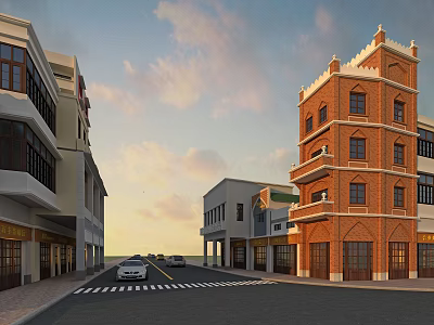 Commercial Street With Red Brick Tower Style Buildings And Cars On Road Under Cloudy Sky 3d model