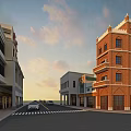 Commercial Street With Red Brick Tower Style Buildings And Cars On Road Under Cloudy Sky