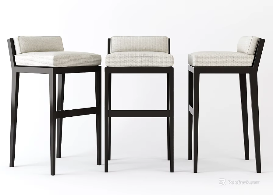 Three Modern Bar Stools With Black Frame And Beige Cushion Design 3d model