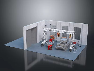 Military Vehicle Repair Workshop With Overhead Crane Tools And Gray Garage Walls 3d model