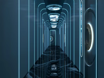 Futuristic KTV Corridor Design With Blue Neon Lights Sleek Black Marble Floor And Reflective Surface 3d model